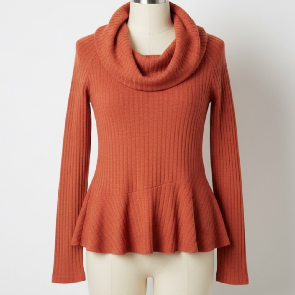 Maeve Ribbed Knit Tunic Sweater Womens XL Orange Cowl Neck Peplum Long Sleeve - Picture 2 of 9